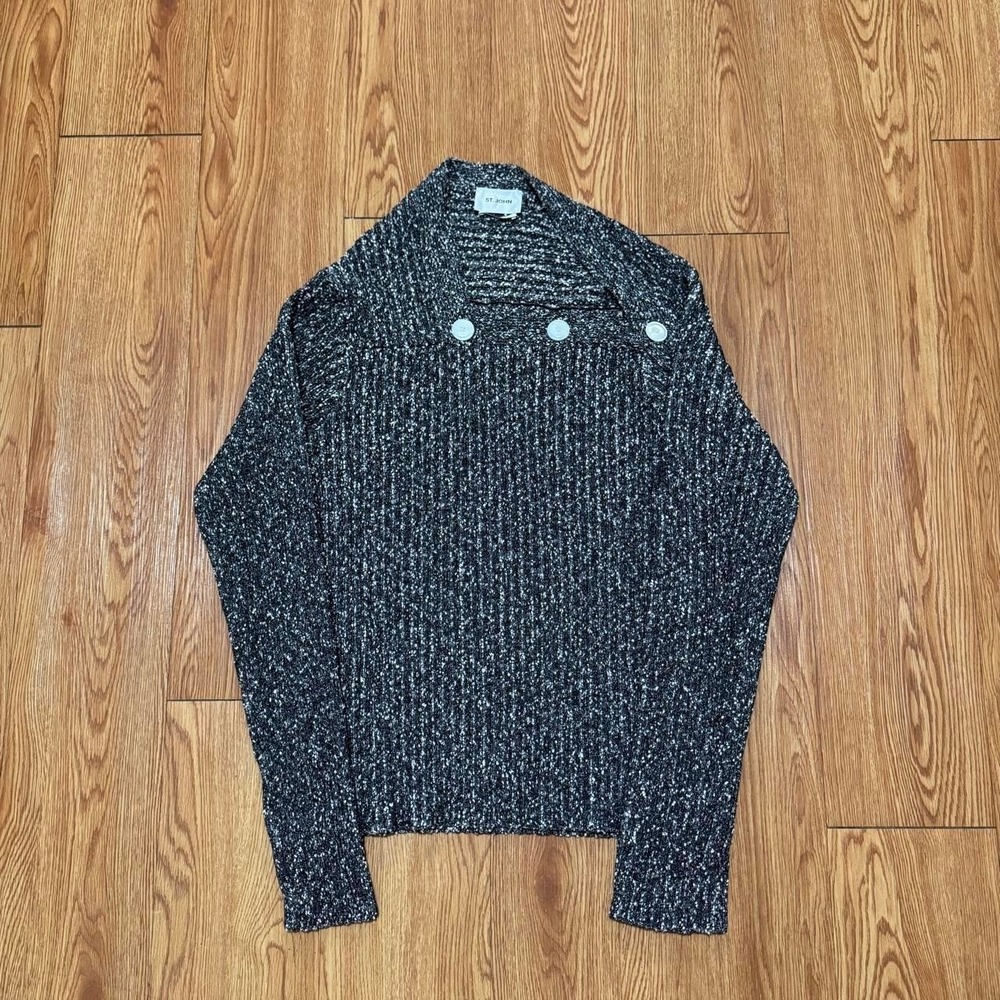 St John Women's Rib Knit Top XL Sweater Button Detail Gray Preppy Heavy